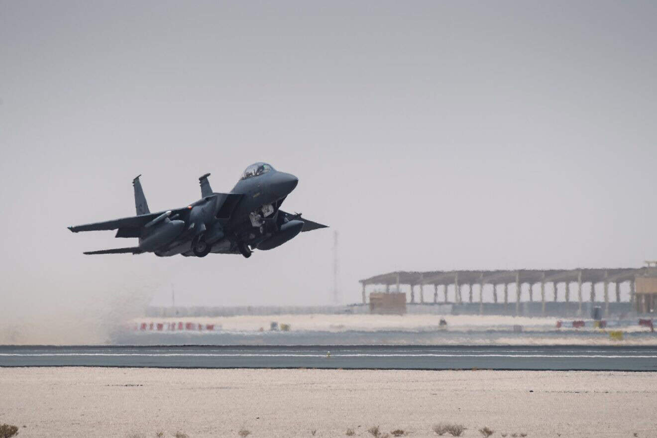 An F-15E Strike Eagle takes off from an undisclosed location within the U.S. Central Command area of responsibility. Source: CENTCOM/X.