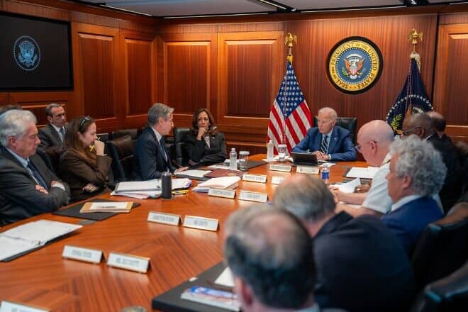 U.S. President Joe Biden and Vice President Kamala Harris are briefed in the White House Situation Room on Aug. 5, 2024. Credit: White House.