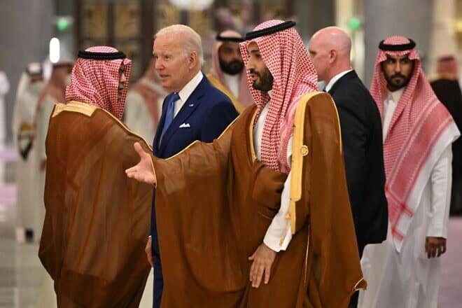 U.S. President Joe Biden and Saudi Crown Prince Mohammed bin Salman arrive for a photo opportunity during the Jeddah Security and Development Summit (GCC+3) at a hotel in Saudi Arabia's Red Sea coastal city of Jeddah on July 16, 2022. Photo by Mandel Ngan/POOL/AFP via Getty Images.