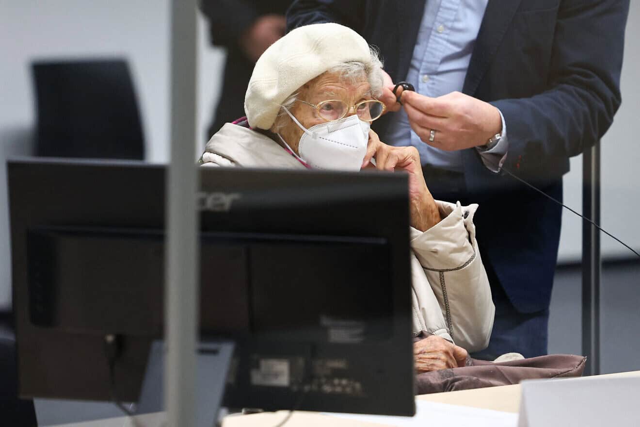 Defendant Irmgard Furchner, a former secretary for the SS commander of the Stutthof concentration camp, waits for the continuation of her trial at court in Itzehoe, northern Germany, where her verdict was spoken on Dec. 20, 2022. Photo by Christian Charisius/POOL/AFP via Getty Images.