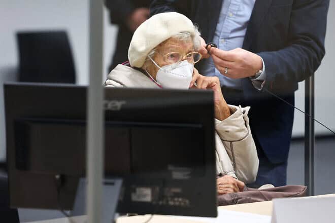 Defendant Irmgard Furchner, a former secretary for the SS commander of the Stutthof concentration camp, waits for the continuation of her trial at court in Itzehoe, northern Germany, where her verdict was spoken on Dec. 20, 2022. Photo by Christian Charisius/POOL/AFP via Getty Images.
