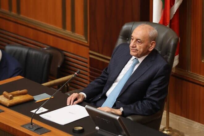 Lebanese Parliament Speaker Nabih Berri heads the 12th parliamentary session to elect a president, in Beirut on June 14, 2023. Photo by Anwar Amro/AFP via Getty Images.