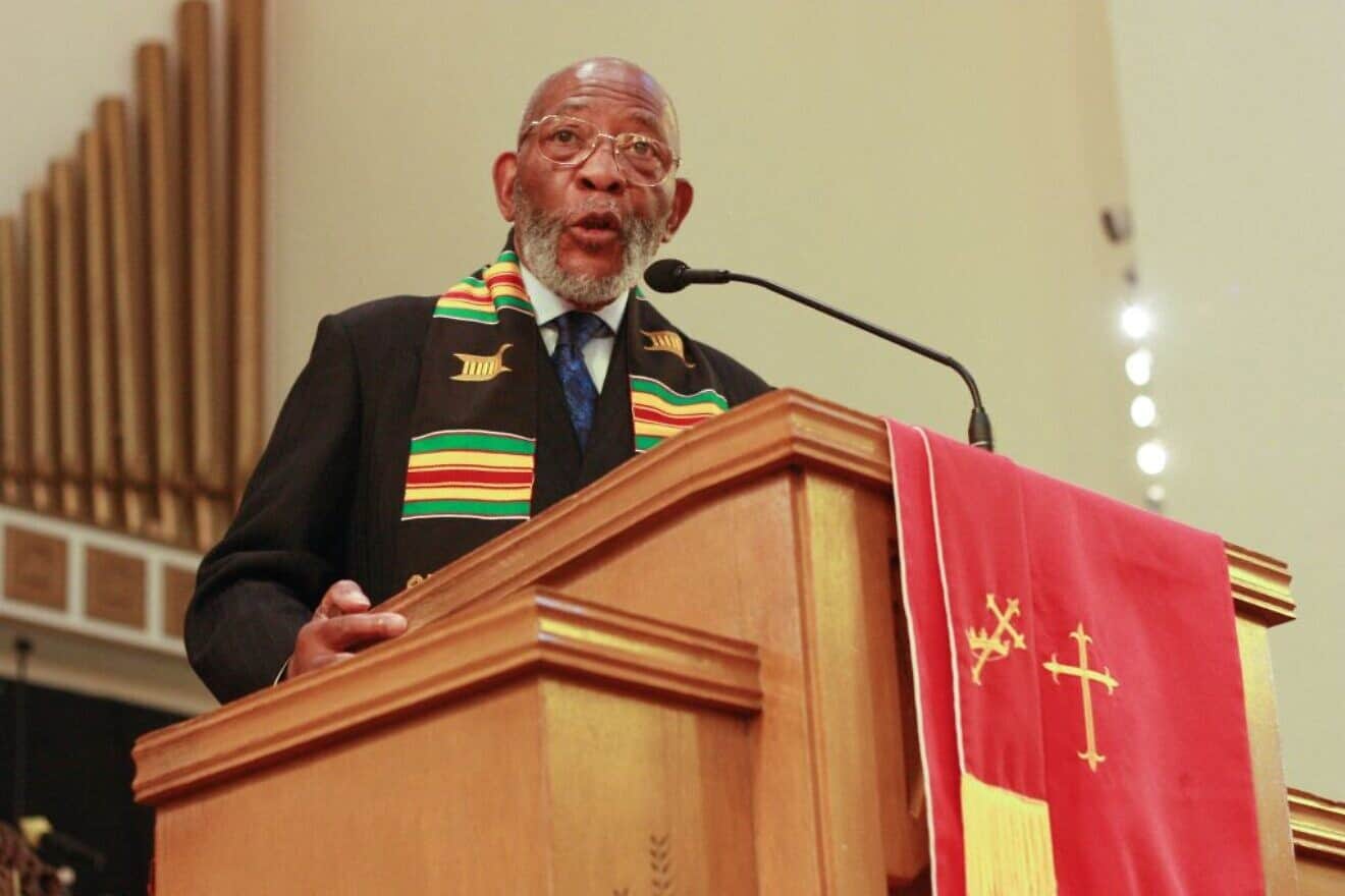 Rev. Amos C. Brown conducts a Sunday service at the Third Baptist Church in San Francisco, California on June 25, 2023. Photo by Romain Fonsegrives/AFP via Getty Images.