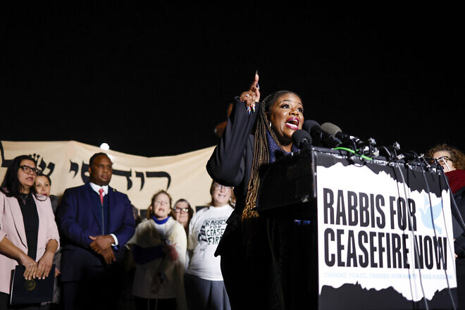 Rep. Cori Bush (D-Mo.) speaks at a news conference calling for a ceasefire in the Gaza Strip outside the U.S. Capitol building in Washington, D.C., on Nov. 13, 2023. Photo by Anna Moneymaker/Getty Images.