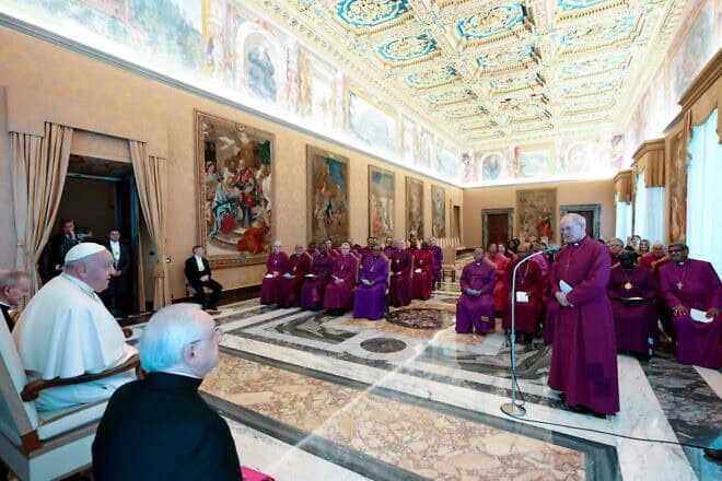 Archbishop of Canterbury Justin Welby speaks during a meeting with Pope Francis and Primates of the Anglican Communion at the Apostolic Palace in Vatican City on May 2, 2024. Photo by Vatican Media via Vatican Pool/Getty Images.
