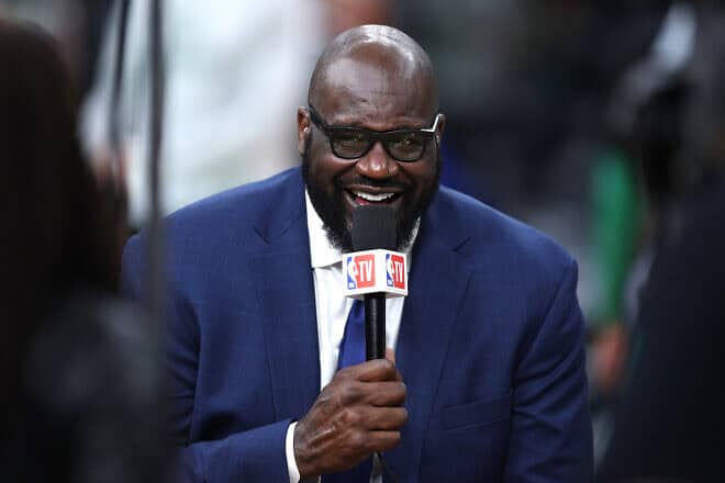 Shaquille O'Neal speaks before Game Two of the 2024 NBA Finals between the Boston Celtics and the Dallas Mavericks at TD Garden in Boston, Massachusetts, June 9, 2024. Photo by Adam Glanzman/Getty Images.