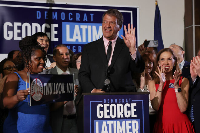 Westchester County executive George Latimer speaks to supporters after winning his race against Democratic incumbent Rep. Jamaal Bowman in the 16th Congressional District of New York's Democratic primary. Photo by Spencer Platt/Getty Images.