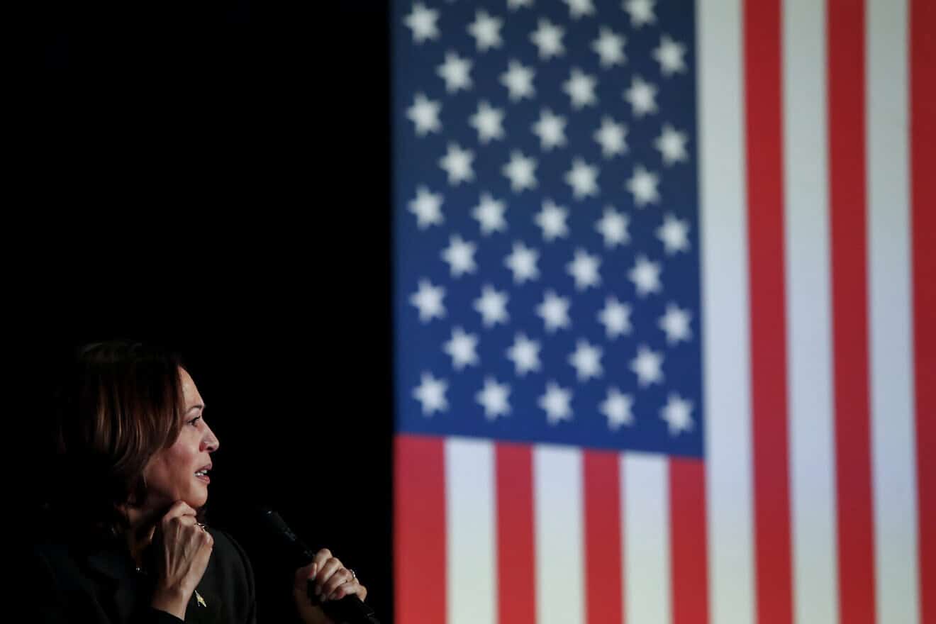 U.S. Vice President Kamala Harris attends a moderated conversation with former Trump administration national security official Olivia Troye and former Republican voter Amanda Stratton on July 17, 2024 in Kalamazoo, Michigan. Photo by Chris duMond/Getty Images.