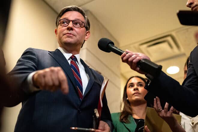 House Speaker Mike Johnson (R-La.) speaks to reporters about the resignation of U.S. Secret Service director Kimberly Cheatle at the U.S. Capitol on July 23, 2024 in Washington, D.C. Photo by Kent Nishimura/Getty Images.