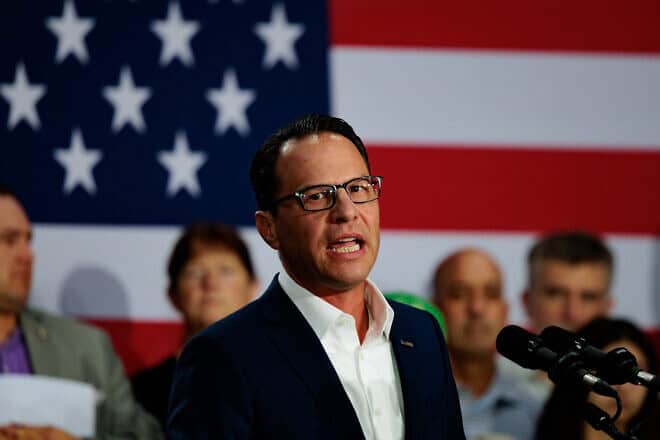 Pennsylvania Gov. Josh Shapiro, a Democrat, speaks during a campaign rally for U.S. Vice President Kamala Harris in Ambler, Pa., on July 29, 2024. Photo by Hannah Beier/Getty Images.