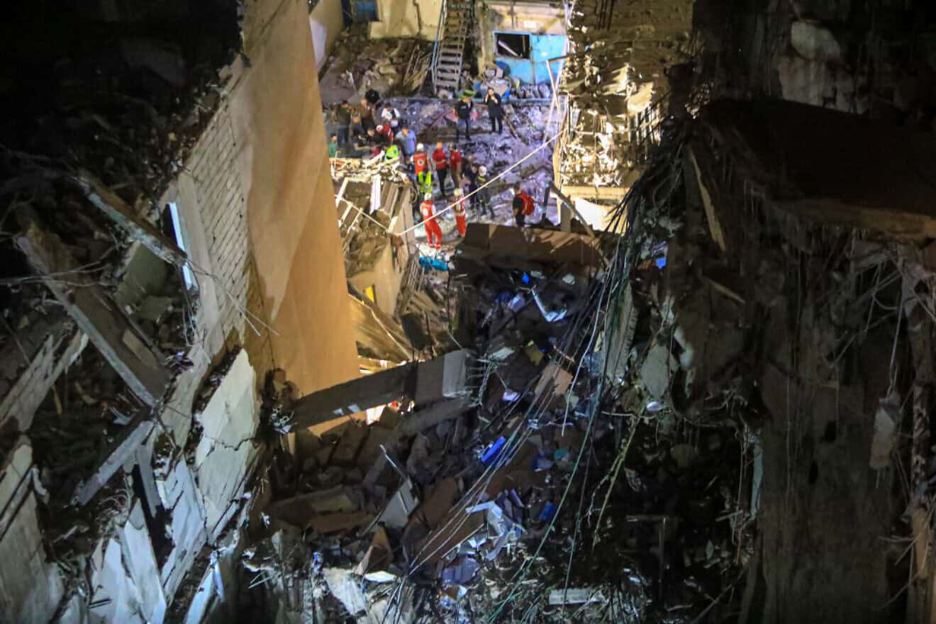 The wreckage of the building where top Hezbollah terrorist Fuad Shukr was killed in an Israeli strike, in Beirut on July 30, 2024. Photo by AFP via Getty Images.