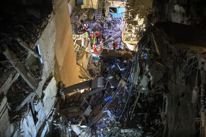 The wreckage of the building where top Hezbollah terrorist Fuad Shukr was killed in an Israeli strike, in Beirut on July 30, 2024. Photo by AFP via Getty Images.