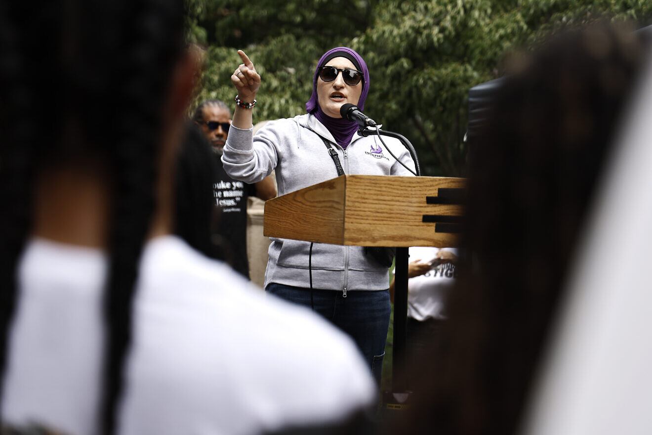 Linda Sarsour at a protest in Washington Square Park in New York on July 28, 2024. Photo by John Lamparski/Getty Images.