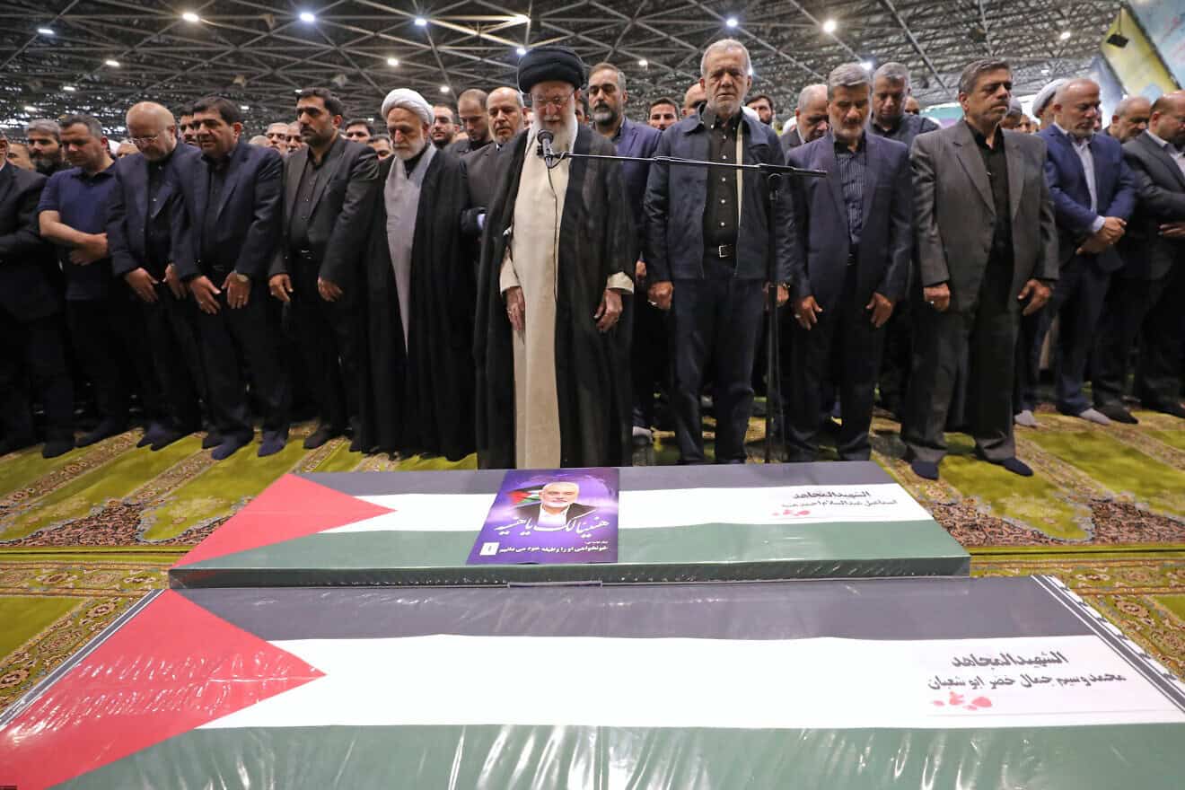 Supreme Leader Ali Khamenei leads a prayer over the coffins of Hamas leader Ismail Haniyeh and his bodyguard in Tehran, Aug. 1, 2024. Credit: Office of the Iranian Supreme Leader via Getty Images.