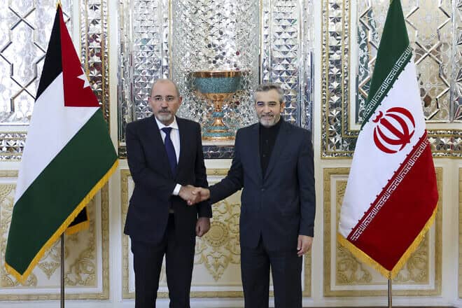 Interim Iranian Foreign Minister Ali Bagheri Kani welcomes Jordanian Foreign Minister Ayman Safadi in Tehran, Aug. 4, 2024. Photo by AFP via Getty Images.