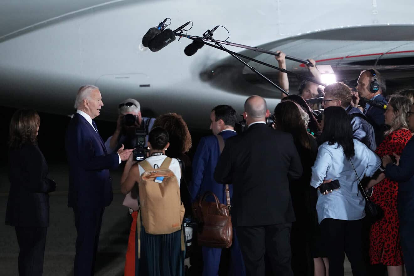 U.S. President Joe Biden speaks to the media at Joint Base Andrews in Maryland, Aug. 1, 2024. Photo by Andrew Harnik/Getty Images.