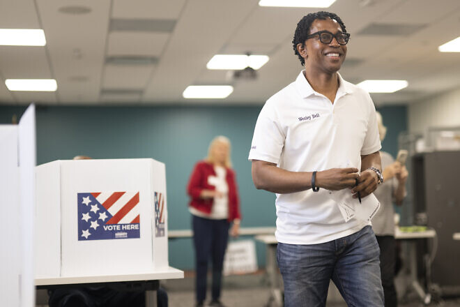 Congressional candidate Wesley Bell cast his ballot at the Mid County Branch Library on Aug. 6, 2024 in Clayton, Mo. Photo by Michael B. Thomas/Getty Images.