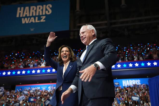 Democratic presidential candidate, U.S. Vice President Kamala Harris and Democratic vice presidential candidate Minnesota Gov. Tim Walz appear on stage together during a campaign event at the Liacouras Center at Temple University on Aug 6, 2024 in Philadelphia, Pennsylvania. Harris ended weeks of speculation about who her running mate would be, selecting the 60 year old midwestern governor over other candidates. Photo by Andrew Harnik/Getty Images.