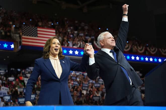 Democratic presidential candidate Vice President Kamala Harris and Democratic vice presidential candidate Minnesota Gov. Tim Walz greet supporters during a campaign event in Philadelphia, Pennsylvania on Aug. 6, 2024. Photo by Andrew Harnik/Getty Images.