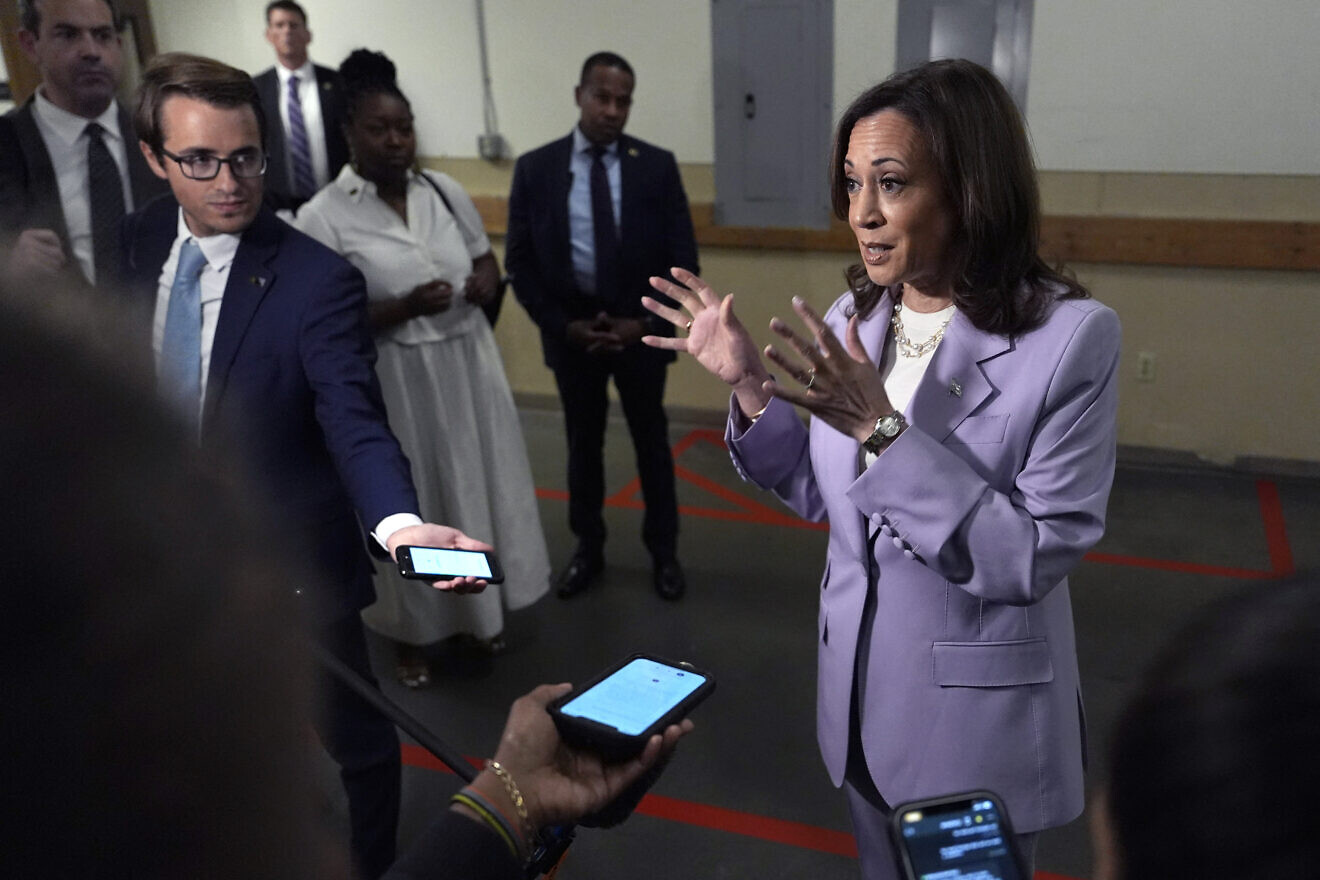 U.S. Vice President Kamala Harris, the Democratic presidential candidate, talks to reporters in Phoenix, Ari., on Aug. 10, 2024. Photo by Julia Nikhinson/POOL/AFP via Getty Images.