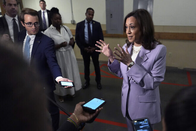 U.S. Vice President Kamala Harris, the Democratic presidential candidate, talks to reporters in Phoenix, Ari., on Aug. 10, 2024. Photo by Julia Nikhinson/POOL/AFP via Getty Images.