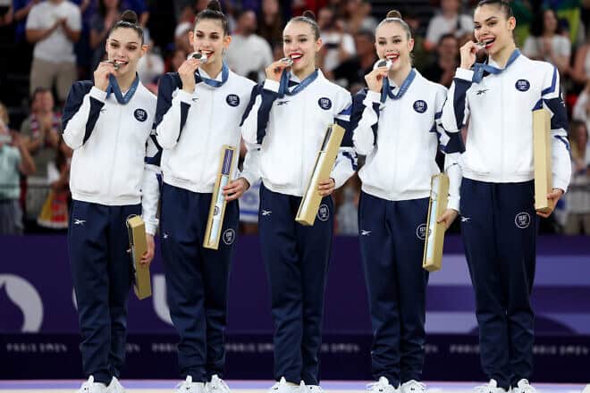 Silver medalists Team Israel celebrate on the podium during the Rhythmic Gymnastics Group All-Around Final medal ceremony at the Olympics at Porte de La Chapelle Arena in Paris on Aug. 10, 2024. Photo by Jamie Squire/Getty Images.
