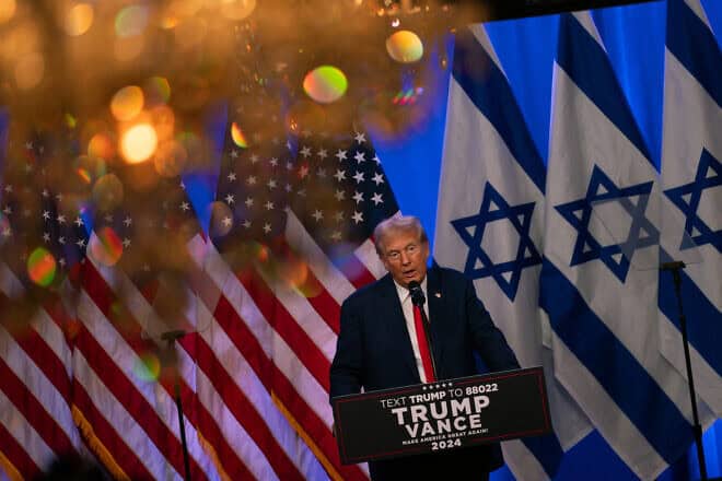 Republican presidential candidate, former President Donald Trump holds an event with Dr. Miriam Adelson at the Trump National Golf Club Bedminster in Bedminster, N.J. , on Aug. 15, 2024. Photo by Adam Gray/Getty Images.