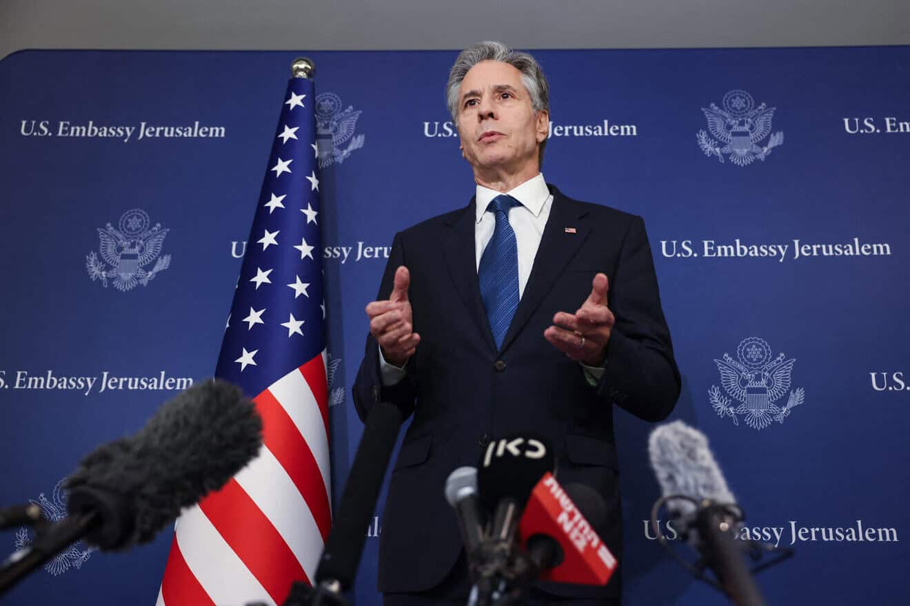 U.S. Secretary of State Antony Blinken speaks with reporters in Tel Aviv, Aug. 19, 2024. Photo by Kevin Mohatt/POOL/AFP via Getty Images.