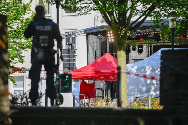 Police investigators at the site of the deadly stabbings that left three dead and eight injured in Solingen, Germany, on Aug. 24, 2024. Photo by Sascha Schuermann/Getty Images.