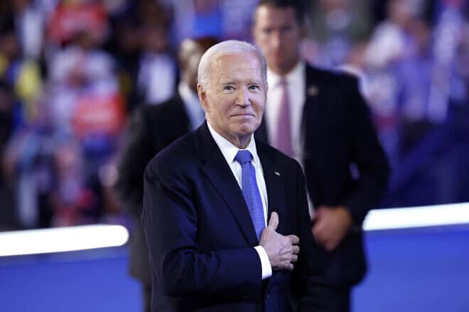 U.S. President Joe Biden acknowledges applause from the audience after his speech on the first day of the Democratic National Convention at the United Center in Chicago on Aug. 19, 2024. Photo by Kevin Dietsch/Getty Images.