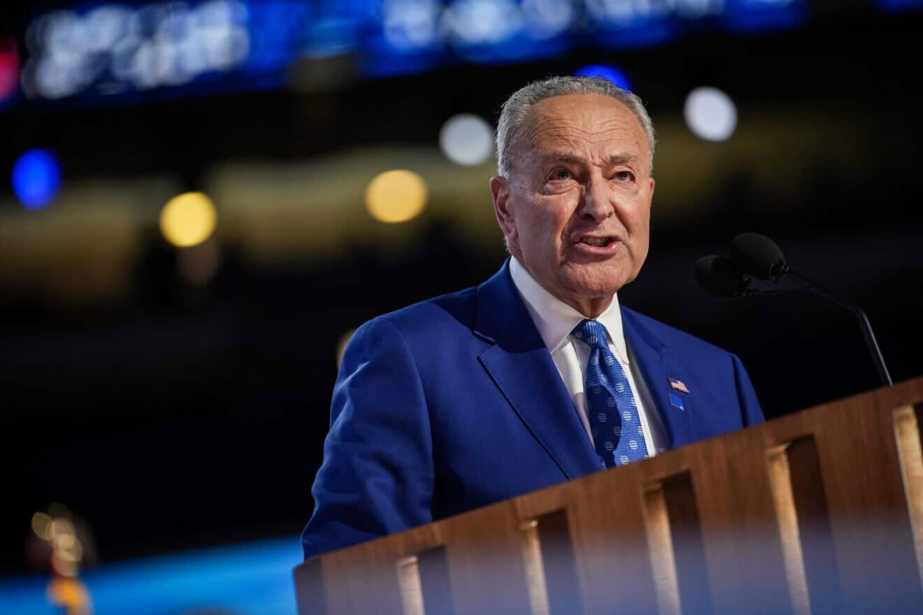 Senate Majority Leader Chuck Schumer (D-N.Y.) speaks on stage during the second day of the Democratic National Convention at the United Center in Chicago on Aug. 20, 2024. Photo by Andrew Harnik/Getty Images.
