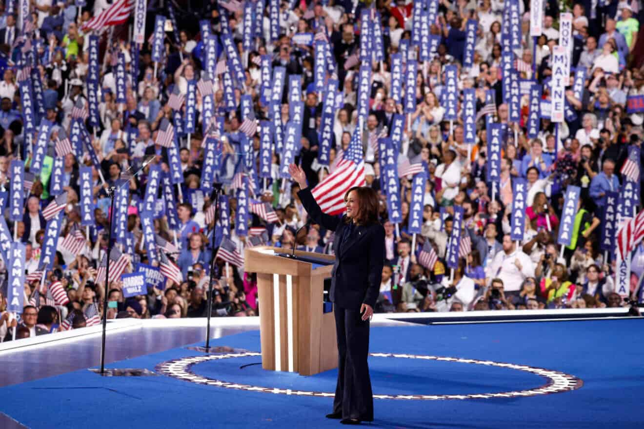 U.S. Vice President Kamala Harris celebrates after accepting the Democratic presidential nomination on the final day of the Democratic National Convention at the United Center in Chicago on Aug. 22, 2024. Photo by Kevin Dietsch/Getty Images.
