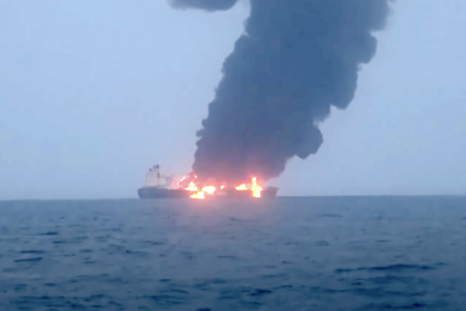 A screen capture of video footage that Houthi terrorists released of the Greek tanker Sounion ablaze on Aug. 23, 2024. Source: Houthi footage via YouTube/Associated Press.
