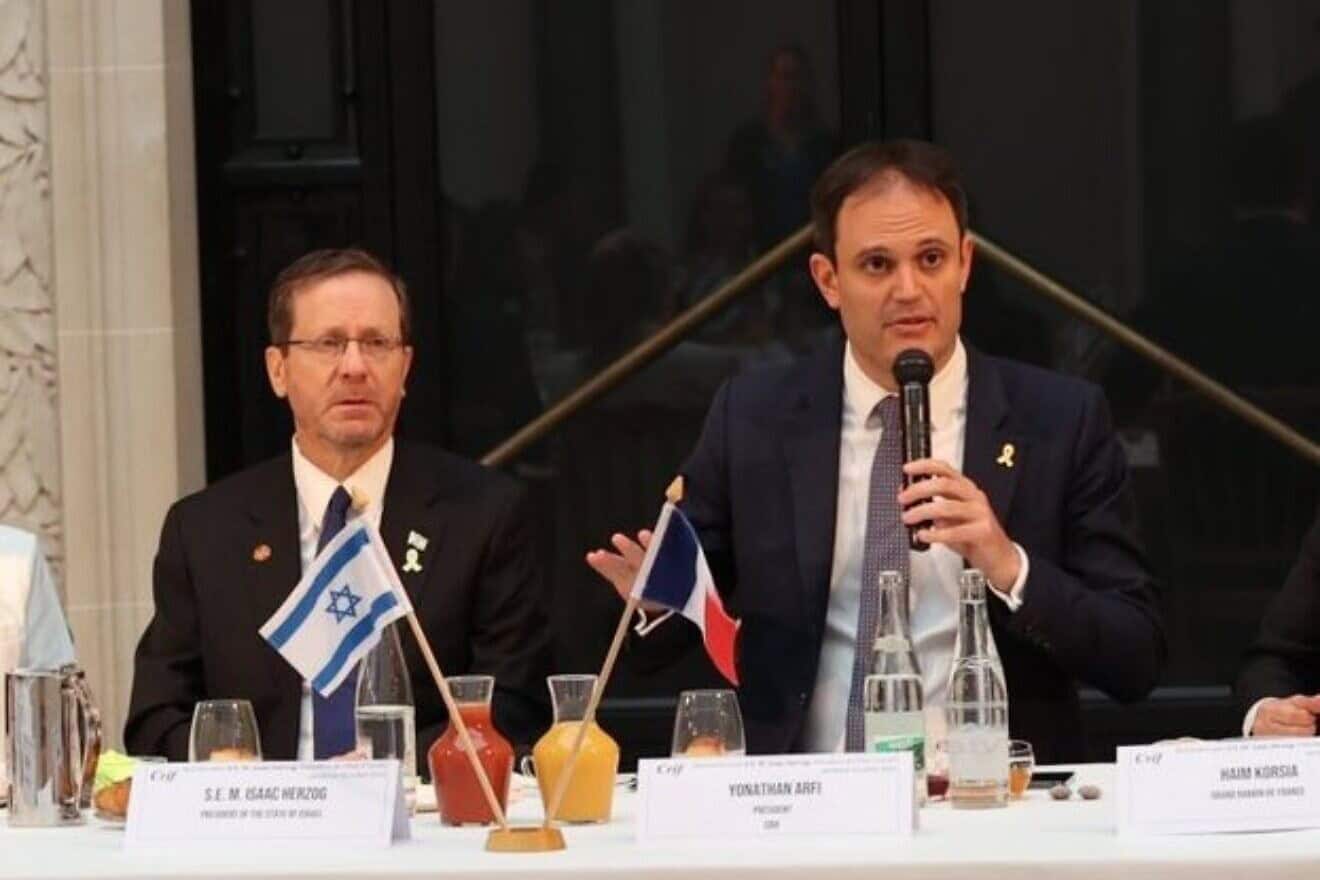 Israeli President Isaac Herzog (left) and Yonathan Arfi, president of the Representative Council of Jewish Institutions in France (CRIF), in Paris, July 26, 2024. Source: Yonathan Arfi/X.