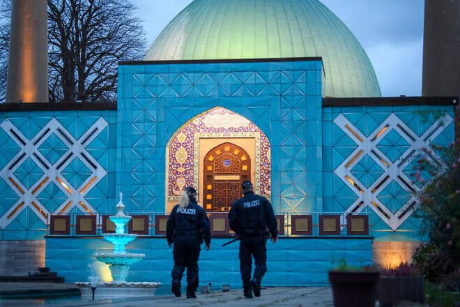 Police stand outside the Imam Ali Mosque/Islamic Center Hamburg following a raid on the center and its affiliates in seven German states over suspected support for Hezbollah, Nov. 16, 2023. Photo by Gregor Fischer/Getty Images.