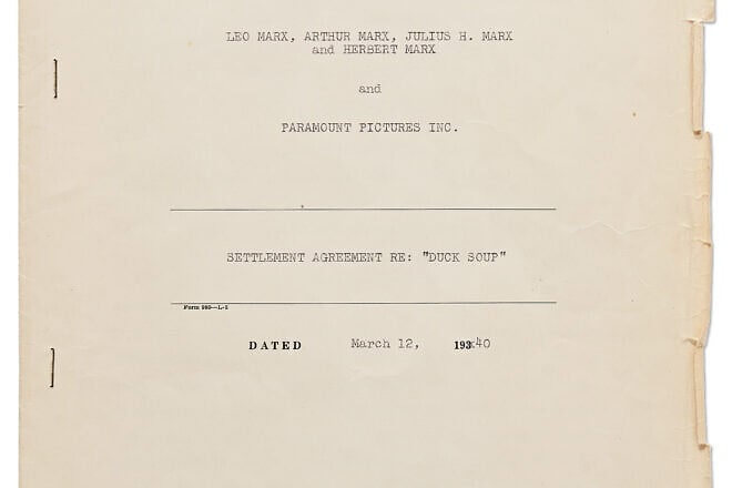 The cover page of the contract for the film “Duck Soup,” signed by all four Marx brothers. Credit: Courtesy.