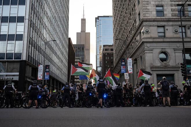 Pro-Palestinian protesters in Chicago march ahead of the Democratic National Convention on Aug., 18, 2024. Photo by Jim Vondruska/Getty Images.