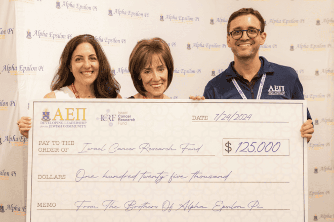 AEPi presents a check to the Israel Cancer Research Fund during its 111th annual convention in Miami from July 24-28, 2024. Source: Screenshot/AEPi Facebook.