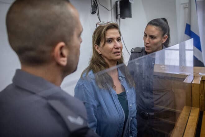 Professor Nadera Shalhoub-Kevorkian, who was arrested on suspicion of incitement, arrives for a court hearing at the Jerusalem Magistrate's Court, April 19, 2024. Photo by Chaim Goldberg/Flash90.