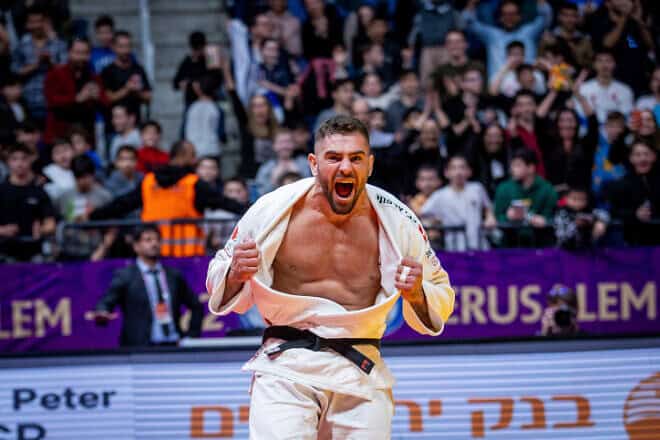 Israeli judoka Peter Paltchik after defeating Toma Nikiforov of Belgium in the men's -100 kg event of The Jerusalem Masters 2022, at the Pais Arena in Jerusalem, Dec. 22, 2022. Photo by Oren Ben Hakoon/Flash90.