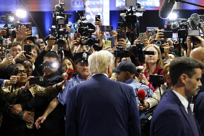 Republican presidential nominee, former President Donald Trump, speaks to reporters in the spin room after debating Democratic presidential nominee, U.S. Vice President Kamala Harris, at the Pennsylvania Convention Center on Sept. 10, 2024 in Philadelphia. Photo by Kevin Dietsch/Getty Images.