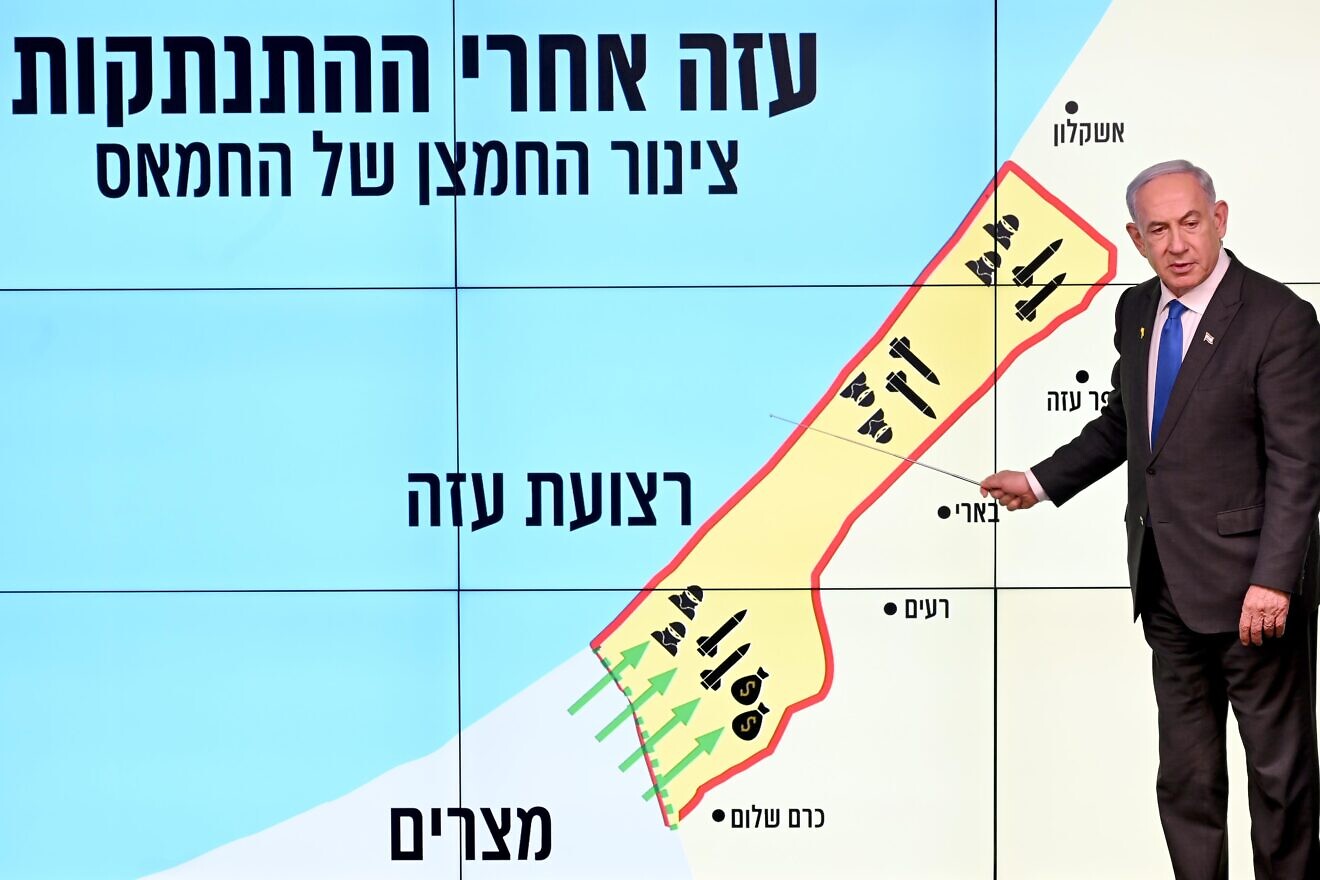Israeli Prime Minister Benjamin Netanyahu in front of a map showing the Philadelphi Corridor on Sept. 2, 2024. Credit: Avi Ohayon/GPO.