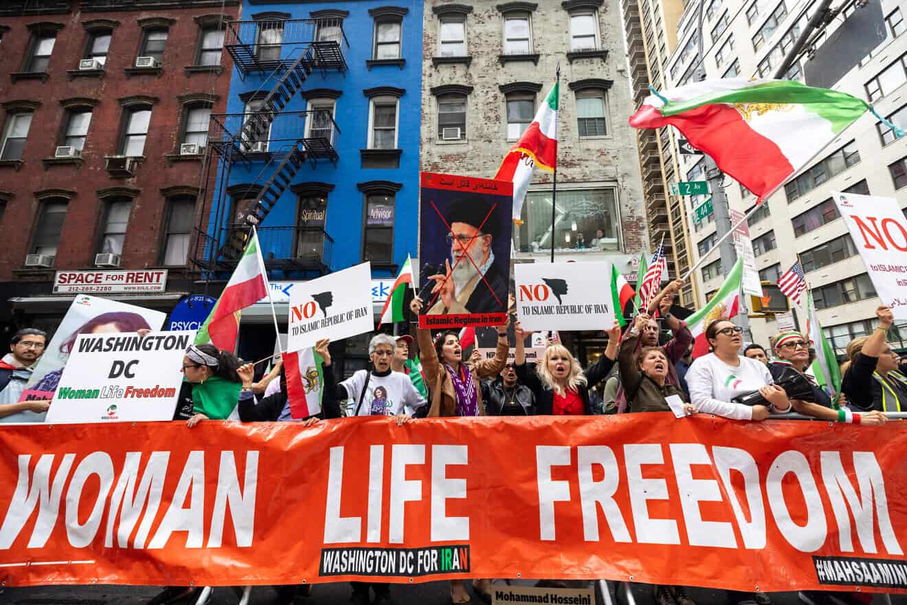 Iranian opposition activists gather outside of the headquarters of the United Nations in New York City, the day that the president of Iran, Massed Pezeshkian, is scheduled to speak, Sept. 24, 2024. Photo by Ali Khaligh/Middle East Images/AFP via Getty Images.