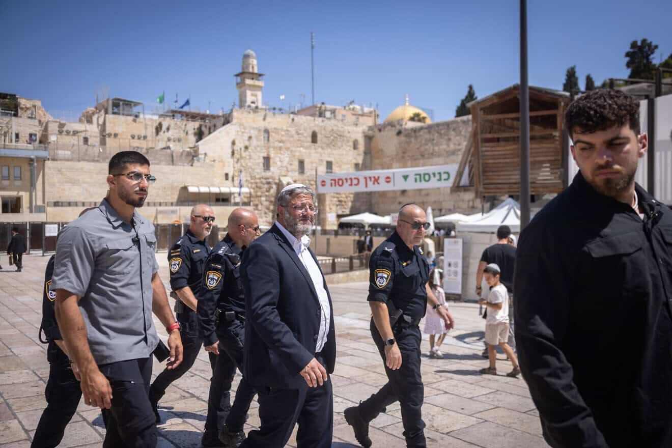 National Security Minister Itamar Ben-Gvir at the Western Wall in Jerusalem's Old City after his visit to the Temple Mount on Tisha B'Av, Aug. 13, 2024. Photo by Chaim Goldberg/Flash90.