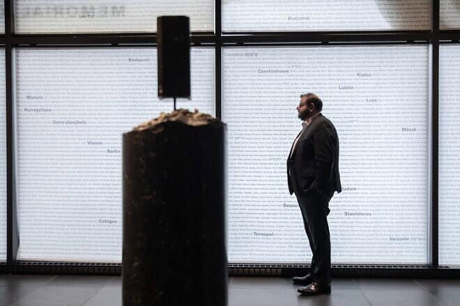 Federation CJA president Yair Szlak at the Montreal Holocaust Museum in Canada; two Molotov cocktails had hit a synagogue a few days earlier, a little more than a month after the Oct. 7 Hamas terrorist attacks in southern Israel, Nov. 14, 2023. Photo by Alexis Aubin/AFP via Getty Images.