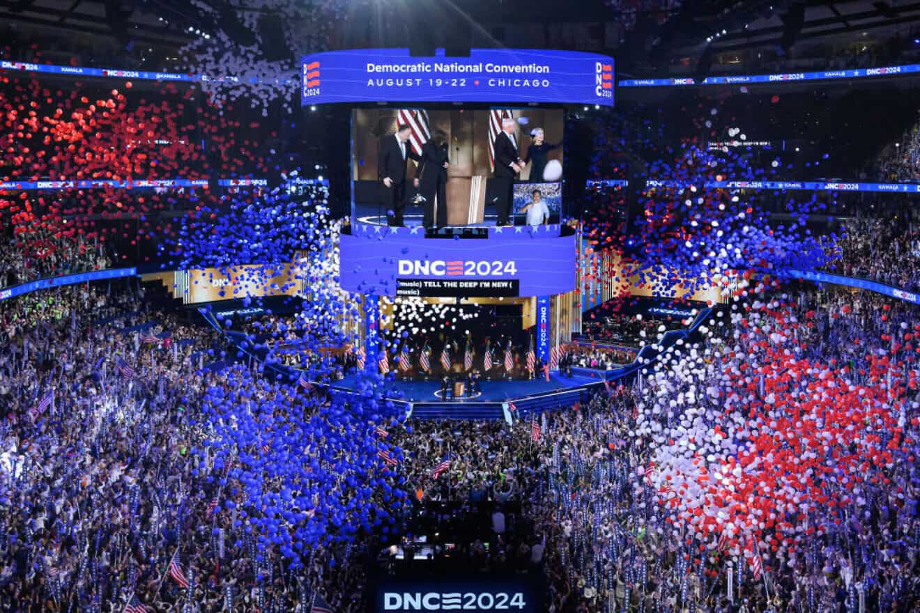 Balloons fall as Vice President and Democratic presidential candidate Kamala Harris concludes her remarks at the end of the fourth and last day of the Democratic National Convention at the United Center in Chicago on Aug. 22, 2024. Photo by Mandel Ngan/AFP via Getty Images.