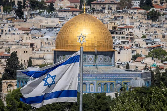 The Dome of the Rock on Jerusalem's Temple Mount as seen from the Mount of Olives observatory, April 24, 2023. Photo by Yonatan Sindel/Flash90.