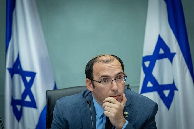 Israeli lawmaker Simcha Rothman, chairman of the Knesset Constitution, Law, and Justice Committee, at the parliament in Jerusalem, June 12, 2023. Photo by Yonatan Sindel/Flash90.