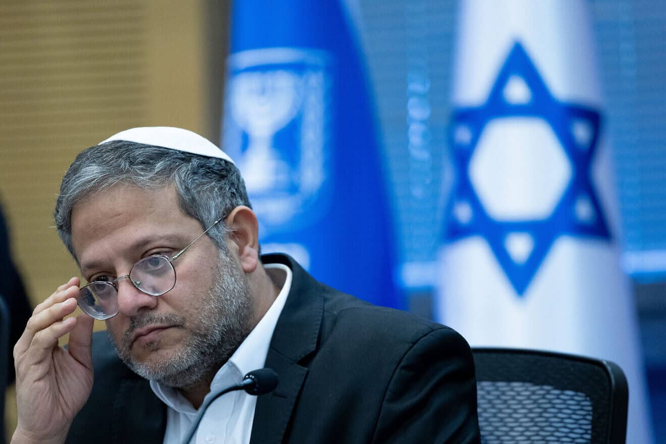 Israeli National Security Minister Itamar Ben-Gvir attends a committee meeting at the Knesset in Jerusalem, Nov. 20, 2023. Photo by Yonatan Sindel/Flash90.