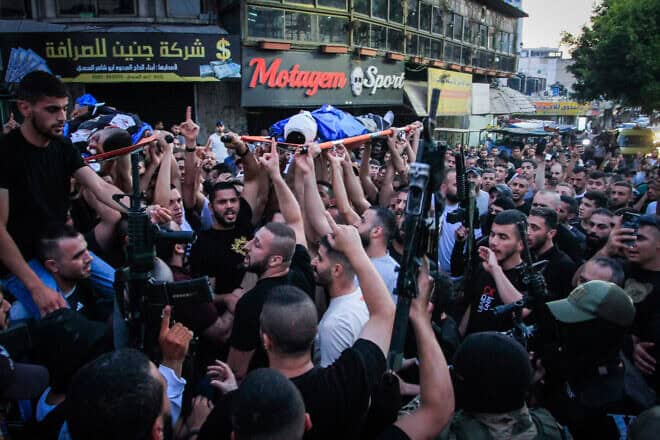 Armed Palestinians attend a funeral of terrorists killed during an Israeli military operation in the city of Jenin, June 6, 2024. Photo by Nasser Ishtayeh/Flash90.